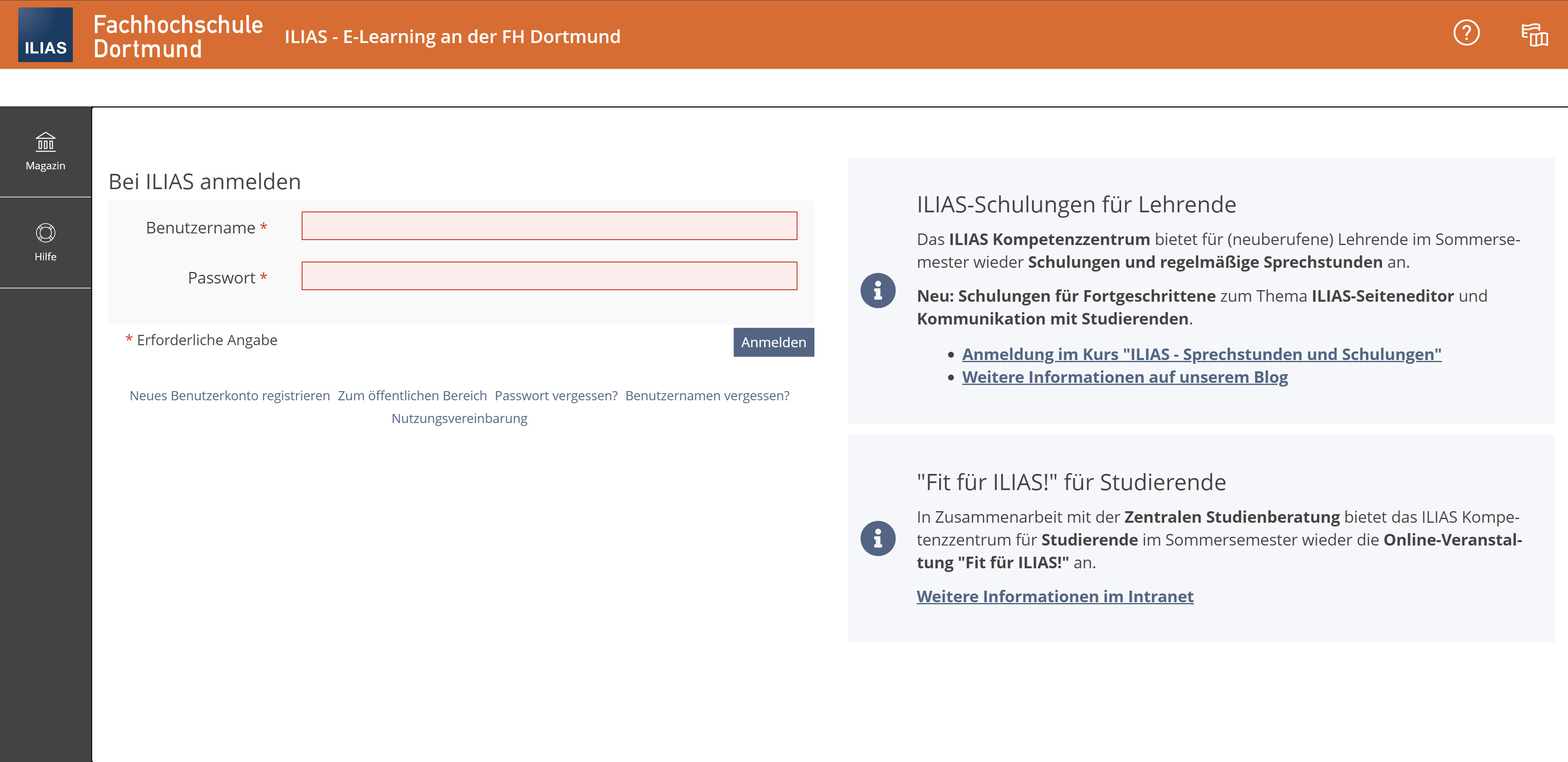 Screenshot Anmeldeseite von ILIAS an der FH Dortmund, links Formular zur Anmeldung, rechts Hinweise zu ILIAS-Schulung
