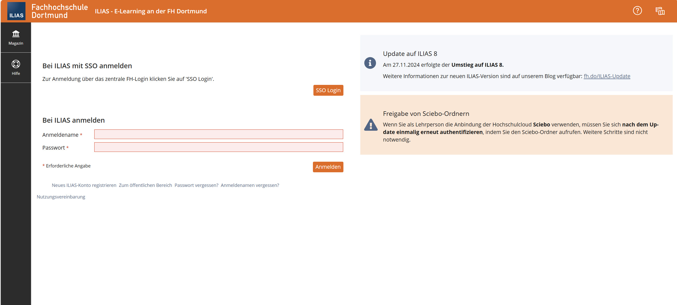 Screenshot Anmeldeseite von ILIAS an der FH Dortmund, links Formular zur Anmeldung, rechts Hinweise zum Update auf ILIAS 8