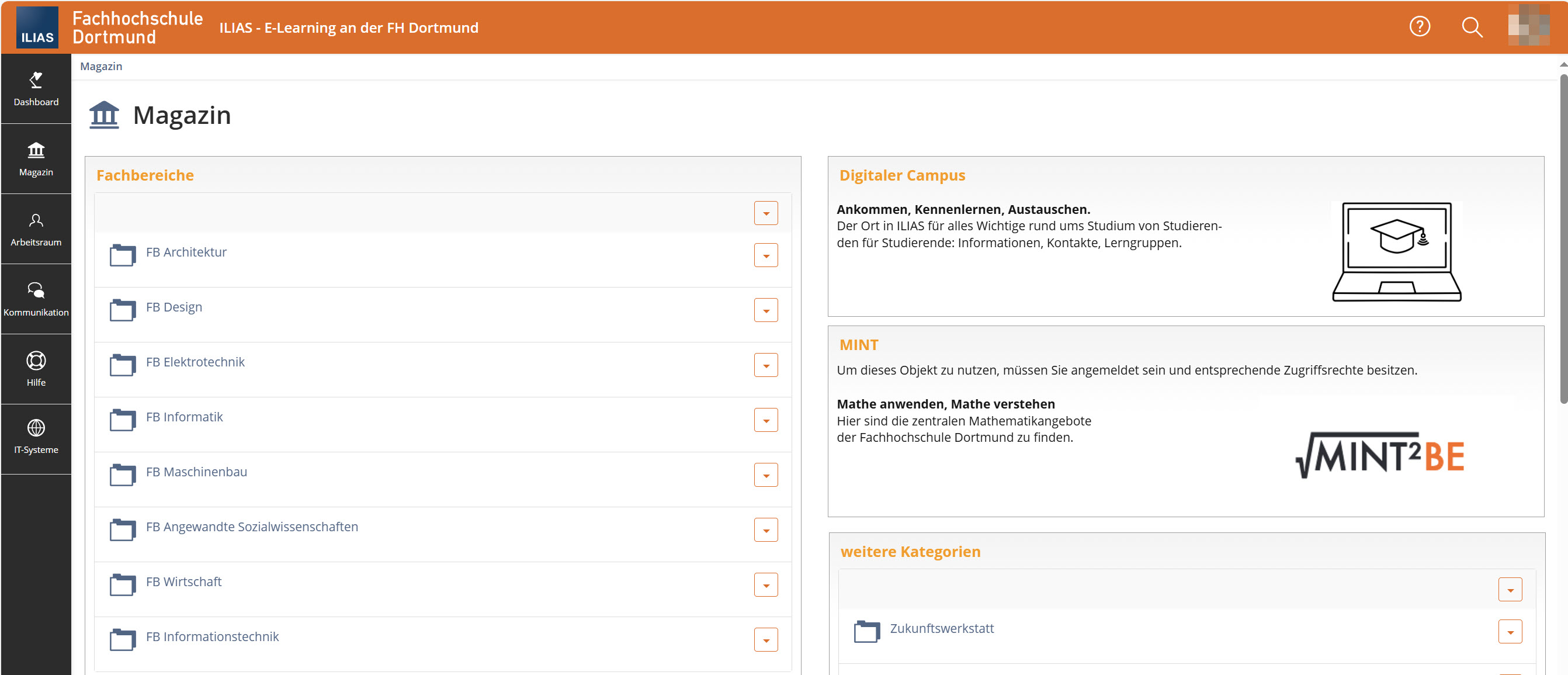 Screenshot Magazin-Einstiegsseite, links Kategorien der Fachbereiche, rechts weitere Kategorien