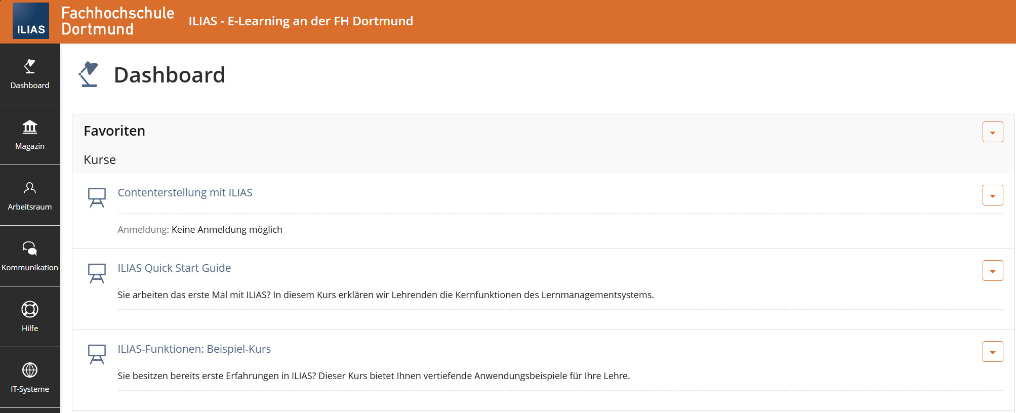 Screenshot der Favoriten auf dem Dashboard, Kurse und Gruppen wird unter dem Titel Favoriten angezeigt
