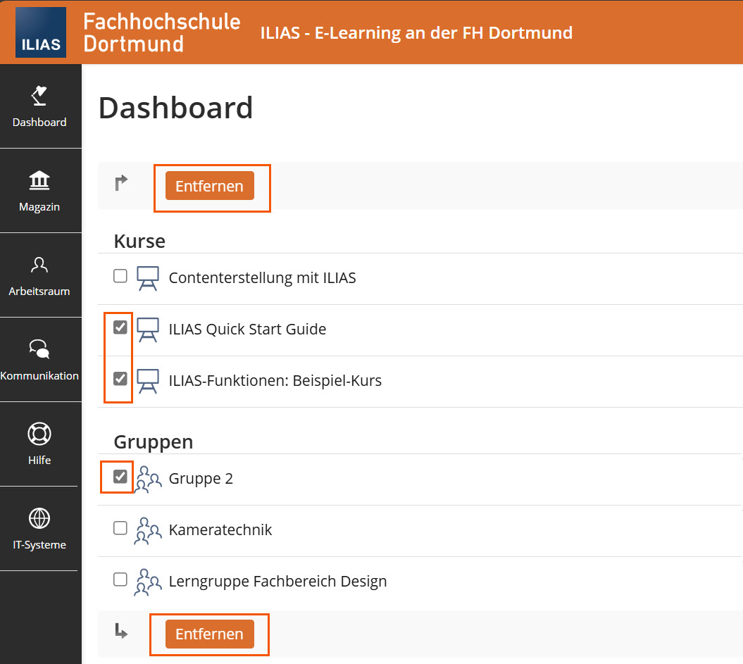 Screenshot, es sind einige der aufgelisteten Objekte ausgewählt und der Button "Entfernen" hervorgehoben