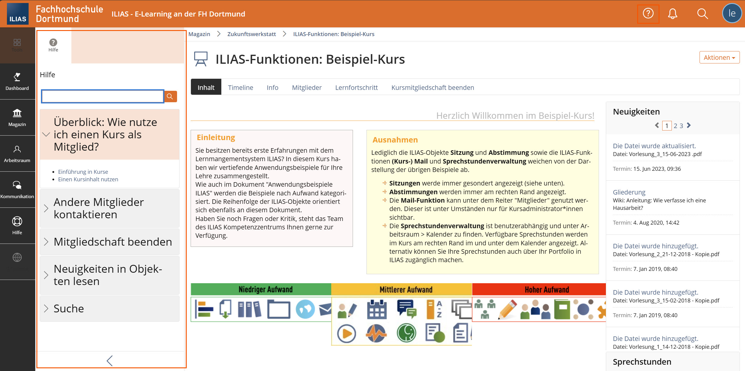 Screenshot, Online-Hilfe im Kontextmenü geöffnet, das Thema "Wie nutze ich einen Kurs als Mitglied?" ist vorausgewählt, rechts wird ein Kurs aus Mitglieder-Sicht angezeigt