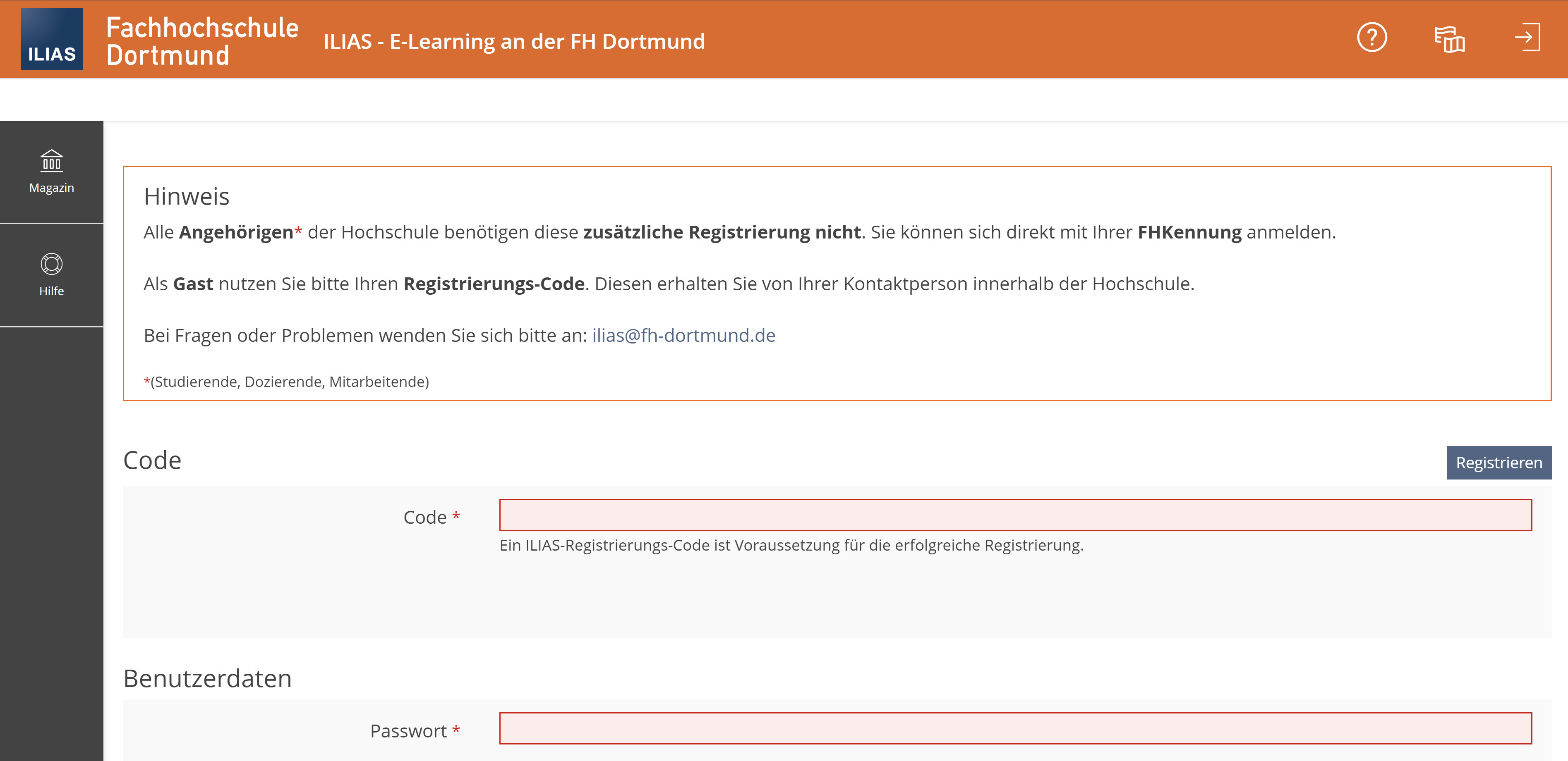 Screenshot des Registrierungsformulars, die Fehler Code und Passwort sind rot hervorgehoben, oben befindet sich ein Hinweis zur Nutzung des Formulars