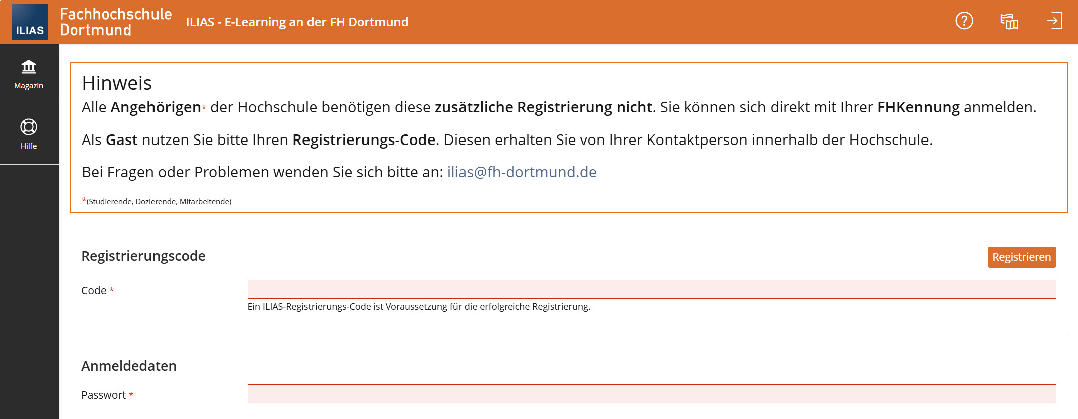 Screenshot des Registrierungsformulars, die Fehler Code und Passwort sind rot hervorgehoben, oben befindet sich ein Hinweis zur Nutzung des Formulars