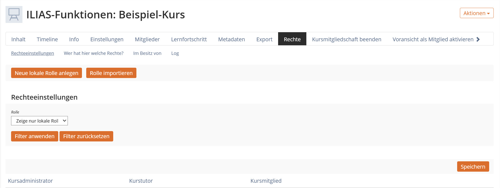 Screenshot, Reiter "Rechte" im Kurs geöffnet, Rollen "Kursadministrator", "Kurstutor" und "Kursmitglied" sind zu sehen