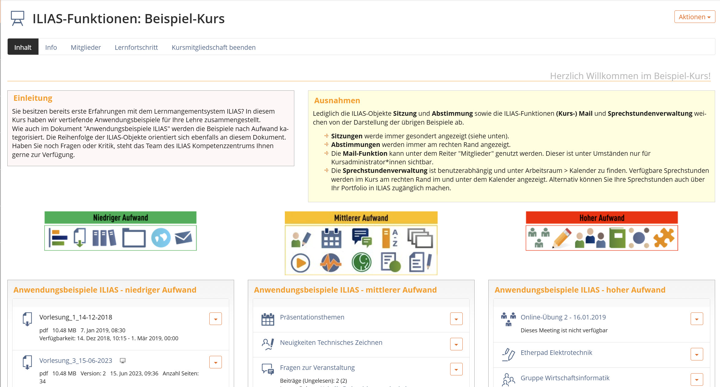 Screenshot des Kurses "ILIAS-Funktionen: Beispiel-Kurs", oben Texte, unten ILIAS-Objekte kategorisiert nach Aufwand