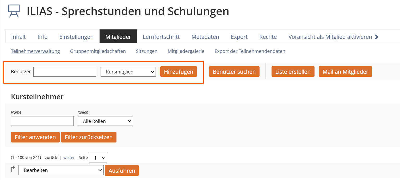 Screenshot des Reiters "Mitglieder" im Kurs, Felder und Buttons zum Hinzufügen eines Kursmitglieds sind hervorgehoben
