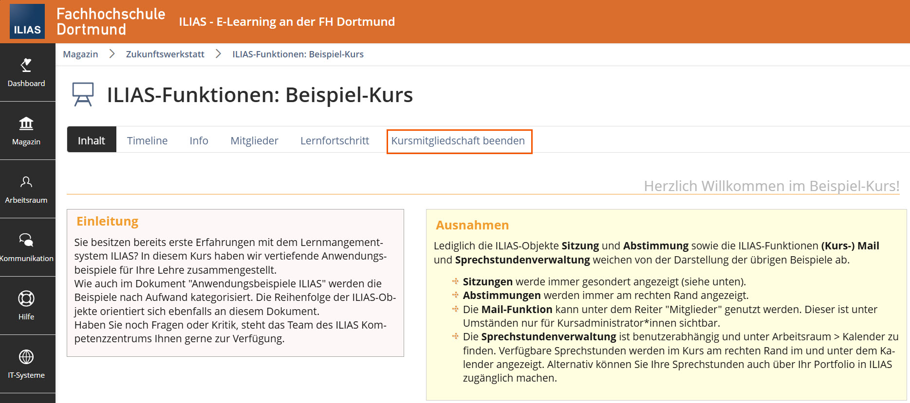 Screenshot eines Kurses aus Mitglieder-Sicht, der Reiter "Kursmitgliedschaft beenden" ist hervorgehoben