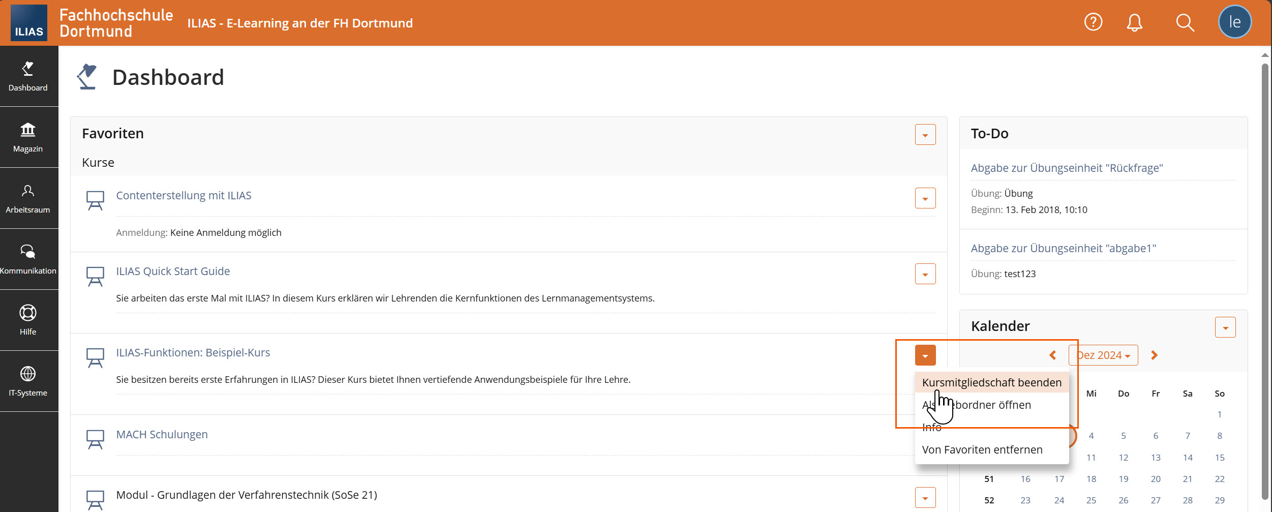 Screenshot des Dashboards, das Aktionsmenü eines Kurses ist geöffnet und die Aktion "Kursmitgliedschaft beenden" hervorgehoben