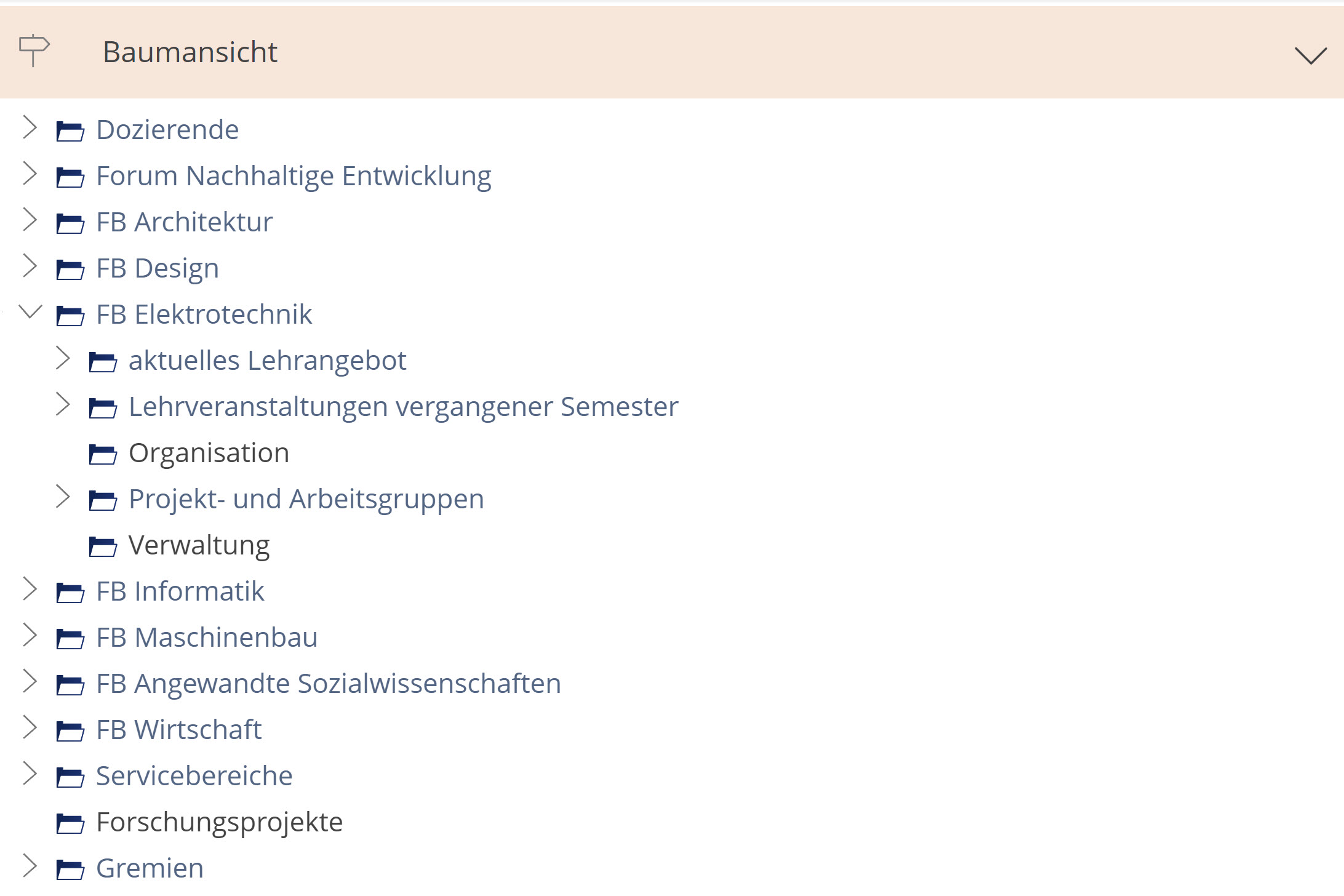 Screenshot der Baumansicht, Auflistung aller Kategorien, FB Elektrotechnik ausgeklappt, darunter weitere Kategorien, vor Kategorien sind Pfeil-Icons