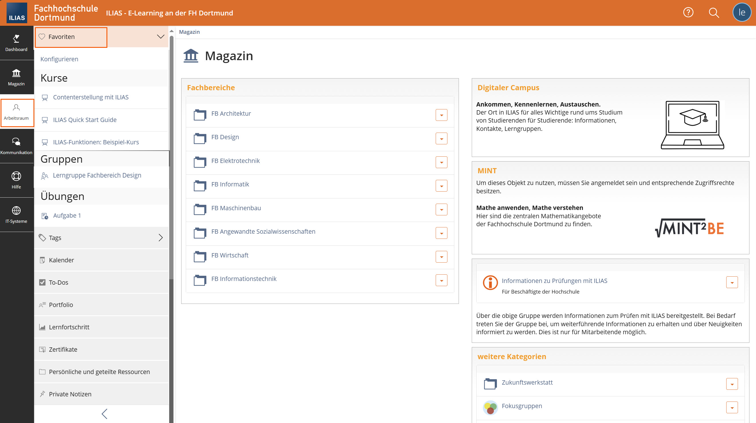 Screenshot, der Menüpunkt Arbeitsraum ist geöffnet, im Kontextmenü ist der Punkt Favoriten ausgeklappt
