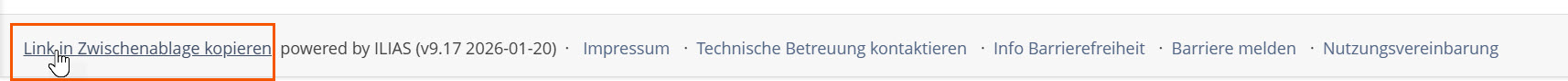 Screenshot vom Footer in ILIAS, der "Link zu dieser Seite" ist hervorgehoben, daneben die ILIAS-Version