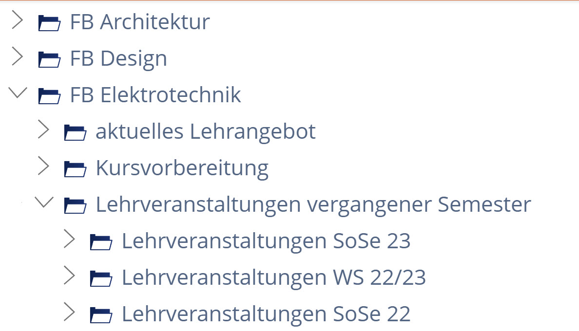 Screenshot Baumstruktur von ILIAS, ausgeklappt sind die Kategorien FB Elektrotechnik und darunter Lehrveranstaltungen vergangener Semester, es gibt für jedes Semester eine eigene Kategorie