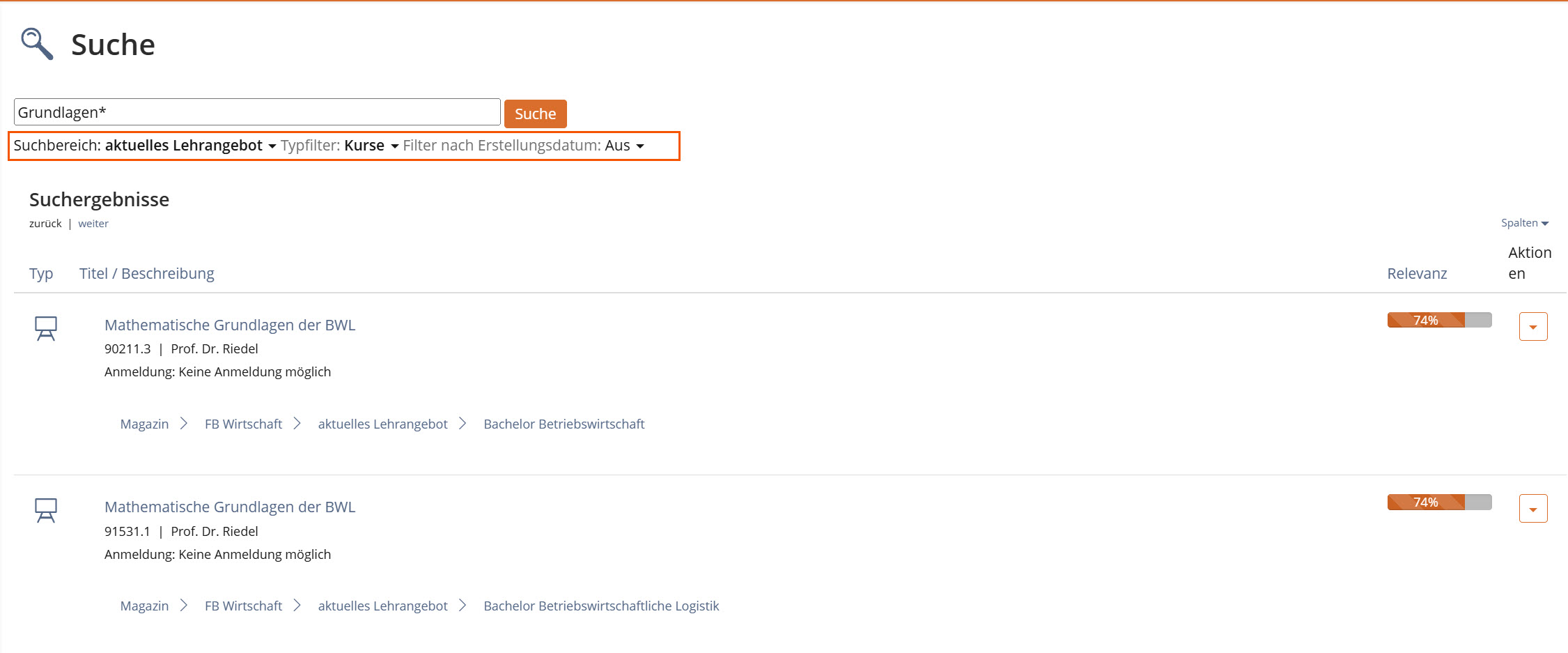 Screenshot der Suche in ILIAS zum Stichwort "Grundlagen", es sind die Ergebnisse zusammen mit ihrer Relevanz aufgelistet