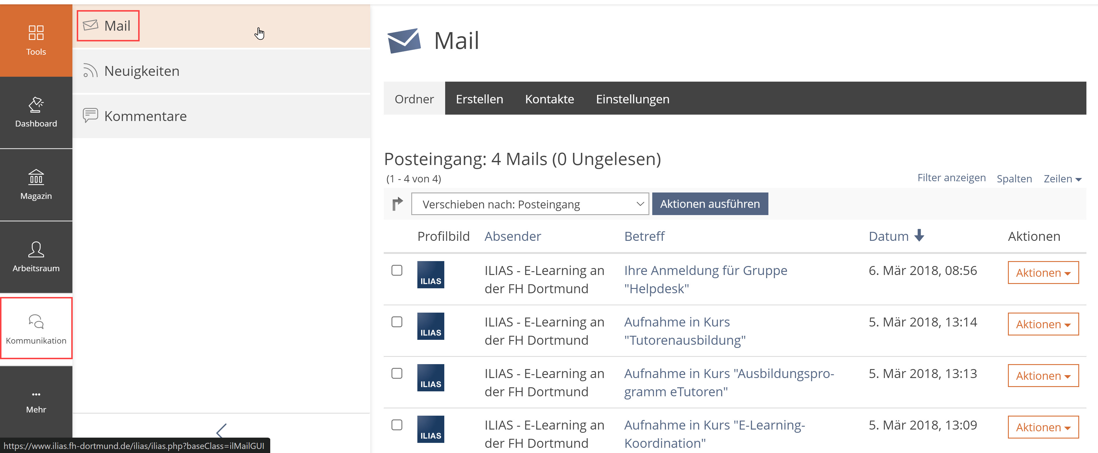 Screenshot der Mailfunktion in ILIAS, Menüpunkt Kommunikation ist geöffnet und der Punkt Mail hervorgehoben, Posteingang mit Mails ist zu sehen