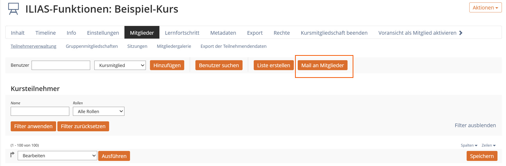 Screenshot des Reiters "Mitglieder" eines Kurses, der Button "Mail an Mitglieder" ist hervorgehoben
