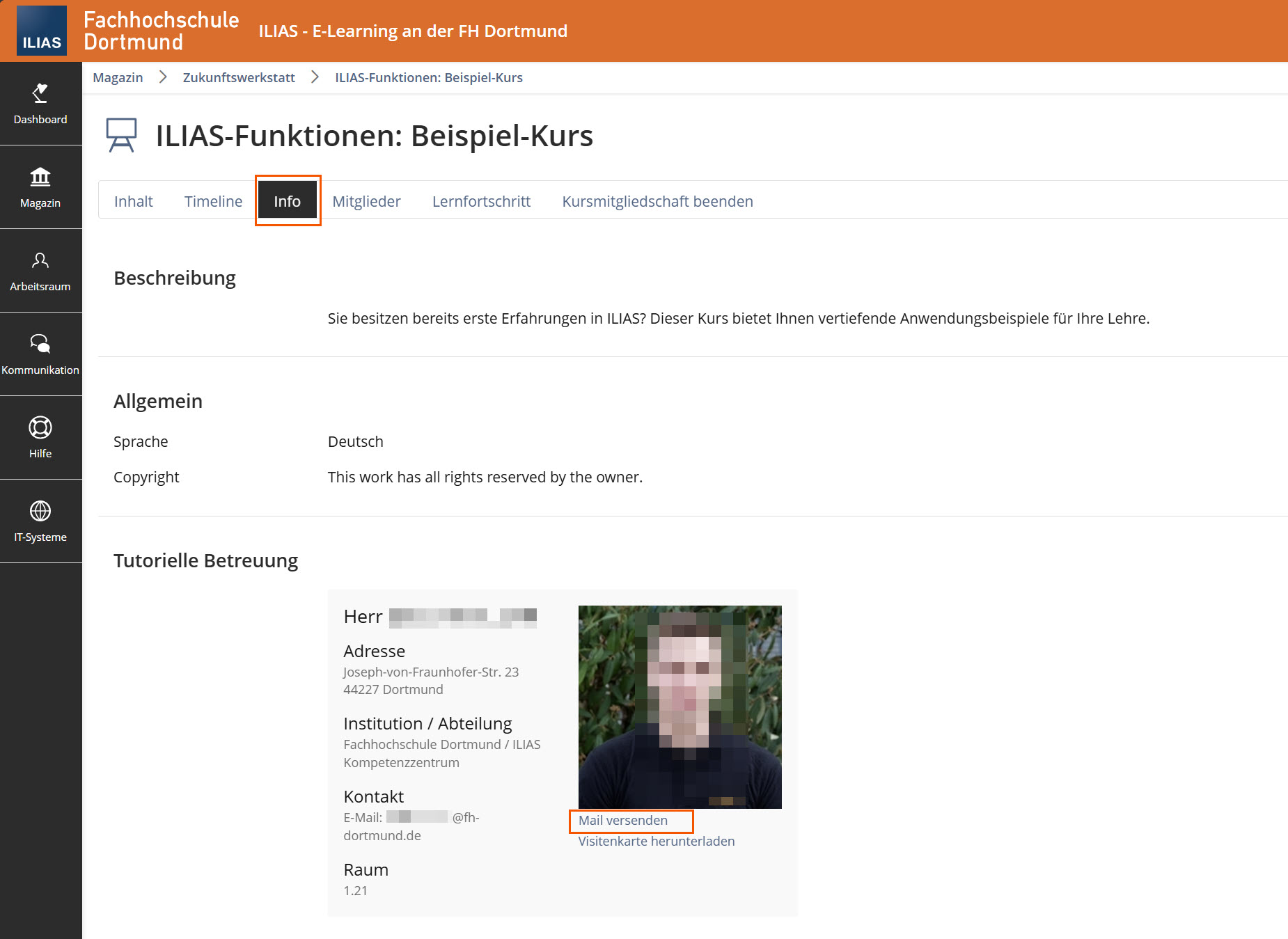 Screenshot des Info-Reiters eines Kurses, Kontaktdaten und Bilder der Tutoriellen Betreuung, Link "Mail versenden" unter dem Bild ist hervorgehoben